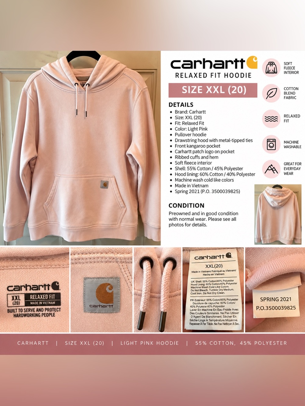 Carhartt Light Pink Relaxed Fit Pullover Hoodie XXL 20 Logo Sweatshirt